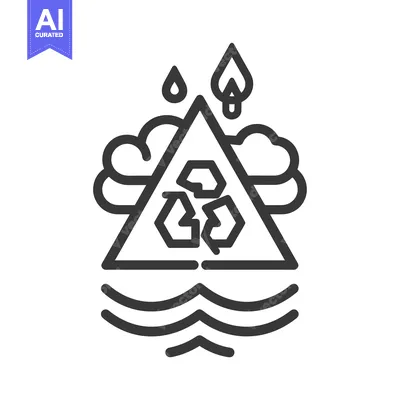 Triangle Warning Sign with Recycle Symbol, Water, and Clouds