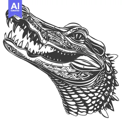 Detailed Black and White Illustration of a Crocodile Head with Open Mo