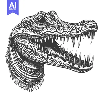 Detailed Black and White Illustration of a Crocodile's Head with Ornam