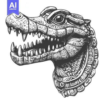Detailed Hand-Drawn Illustration of an Alligator Head with Mayan-Inspi