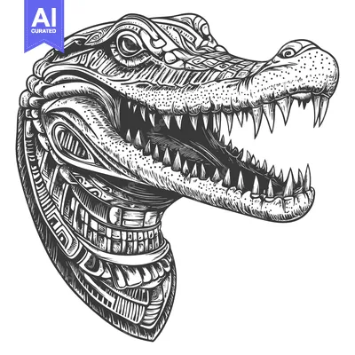 Detailed Black and White Illustration of a Crocodile Head with Open Mo