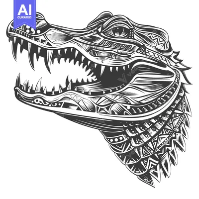 Aset desain premium: Ornate Alligator Head with Open Mouth and Sharp Teeth