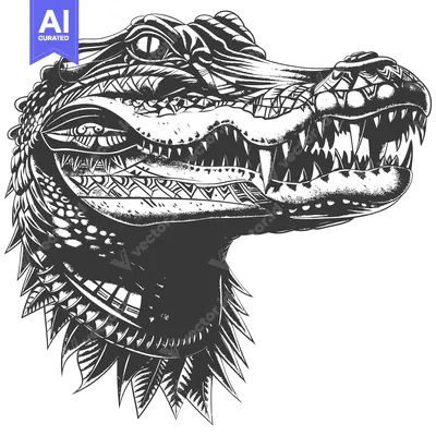 Aset premium populer: Detailed black and white illustration of a crocodile's head with geome