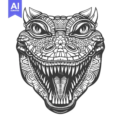 Aset premium populer: A Detailed Black and White Illustration of a Dragon's Head with an Ope