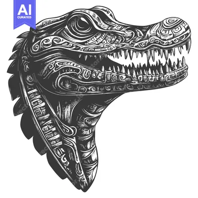 Aset premium populer: Detailed black and white illustration of a crocodile head with intrica