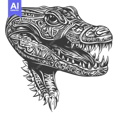 Ornate Black and White Dinosaur Head with Open Mouth and Sharp Teeth