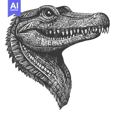 Aset premium populer: Detailed Black and White Illustration of a Dinosaur's Head with Intric