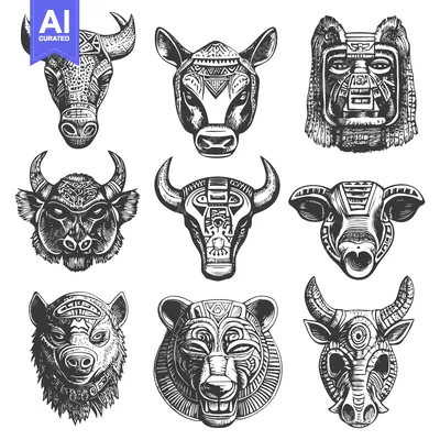 Aset desain premium: Tribal Animal Heads with Geometric Patterns
