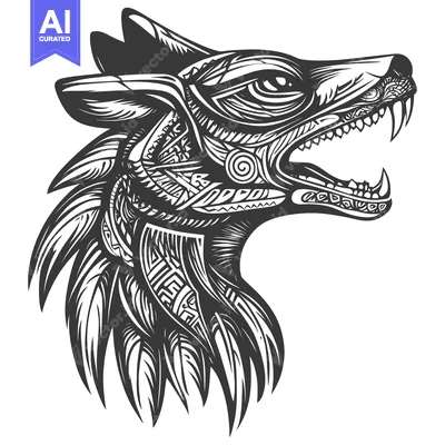 A Detailed Black and White Illustration of a Wolf's Head with Ornate P