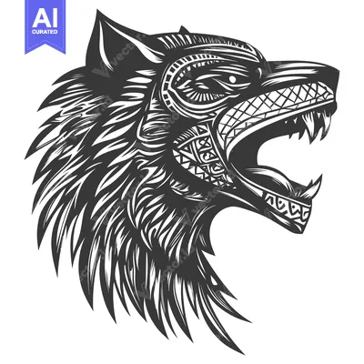 Aset premium populer: Stylized Black and White Wolf Head with Geometric Pattern