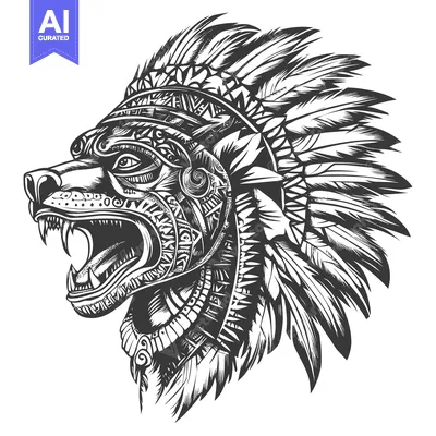 Aset premium populer: Native American Wolf Head in Headdress with Open Mouth