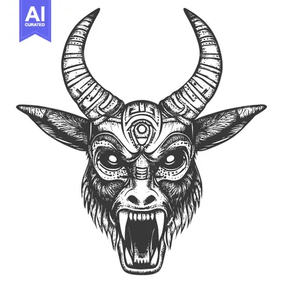 Black and White Illustration of a Demonic Beast Head with Horns
