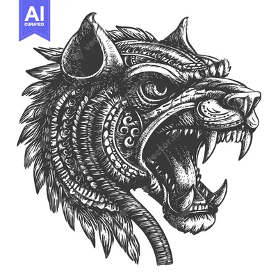 Aset premium populer: Detailed Black and White Illustration of a Growling Wolf Head with Fea