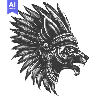 Aset desain premium: Aztec Wolf Head with Feather Headdress and Detailed Ornamentation
