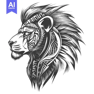 Black and White Tribal Lion Head Illustration