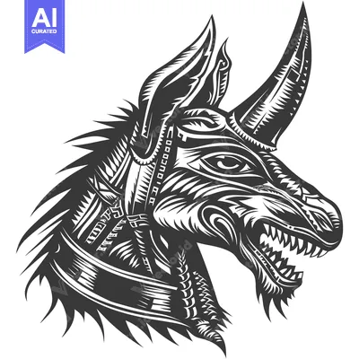 Stylized Black and White Illustration of a Mythical Creature with a Ho
