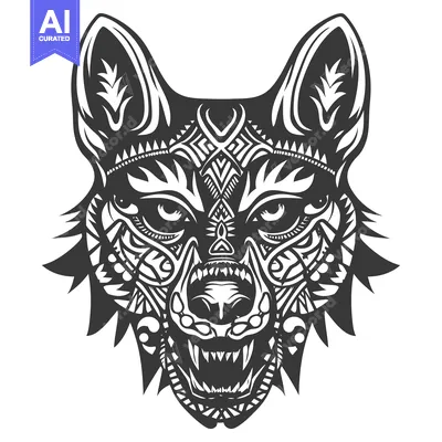 Black and White Detailed Geometric Wolf Head Illustration