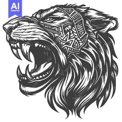 Aggressive Black and White Illustration of a Growling Wolf Head