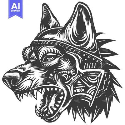 Black and White Illustration of a Wolf's Head with Tribal Design Eleme