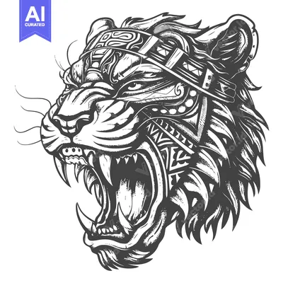 A Detailed Black and White Illustration of a Roaring Tiger's Head