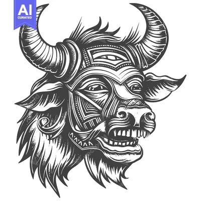 Detailed Black and White Illustration of a Bull's Head with Ornate Hor