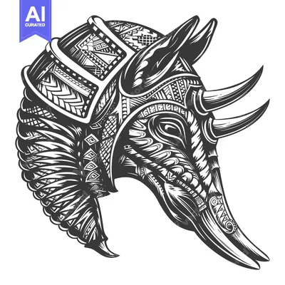 Intricate Patterned Rhino Head in Monochrome Illustration
