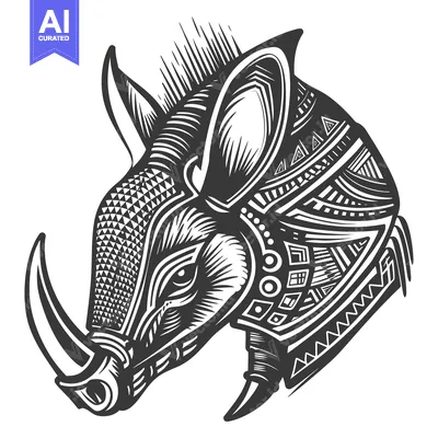 Aset desain premium: Stylized Black and White Illustration of a Wild Boar Head