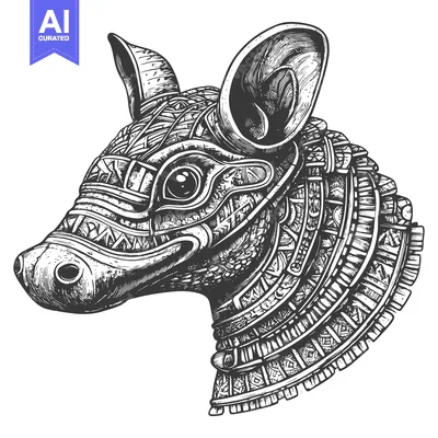Ornate Detailed Black and White Illustration of an Animal Head