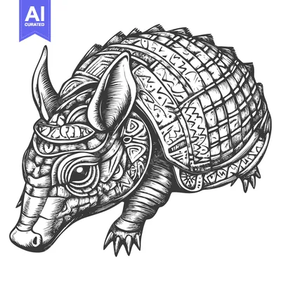 Detailed Black and White Drawing of an Armadillo