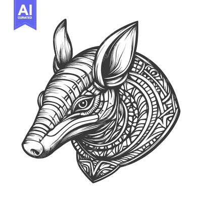 Ornate Black and White Drawing of an Armadillo Head