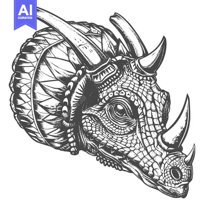 Detailed Illustration of a Triceratops Head with Intricate Patterns