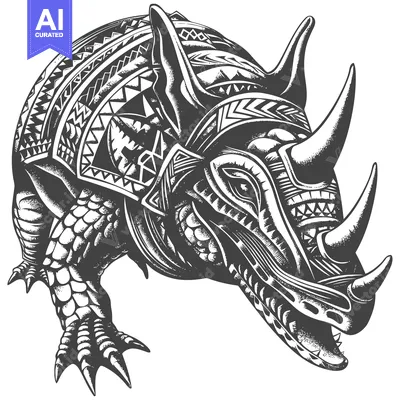 Aset premium populer: Tribal Patterned Rhinoceros with Open Mouth and Sharp Horns
