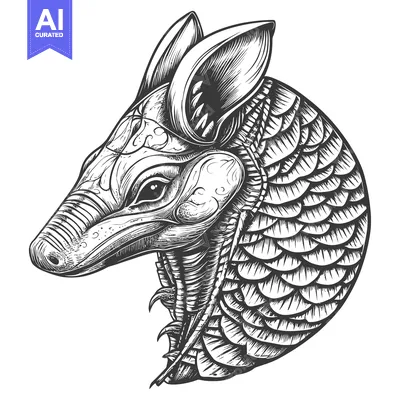 Hand-Drawn Black and White Illustration of an Armadillo Head