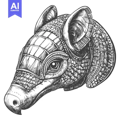Detailed Line Drawing of an Armadillo Head with Geometric Pattern