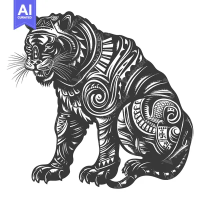 Tribal Art Design of a Sitting Tiger with Detailed Patterns