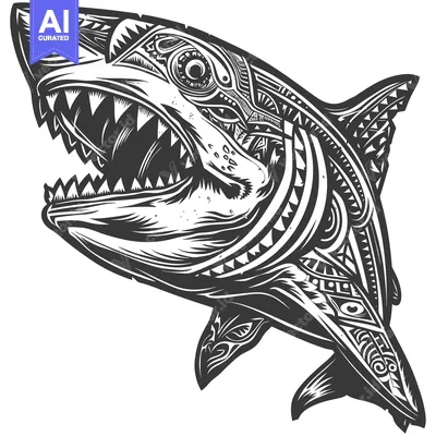 Tribal Art Style Shark With Open Mouth and Sharp Teeth