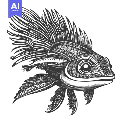 Aset premium populer: Ornate Black and White Illustration of a Fish with Spiky Fins