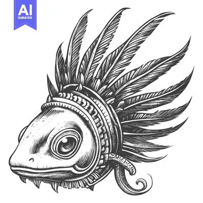 A Detailed Line Drawing of a Lizard Wearing a Feather Headdress