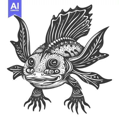 A stylized black and white illustration of a fantastical fish with lar