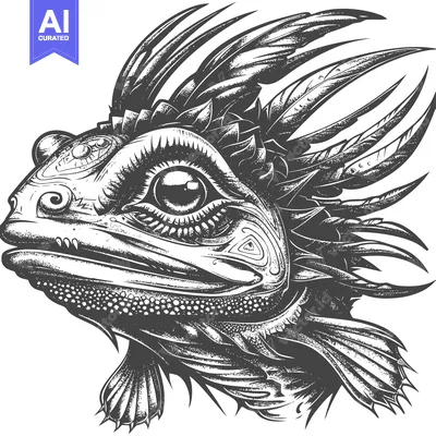 Detailed Illustration of a Dragon's Head with Spiky Feathers