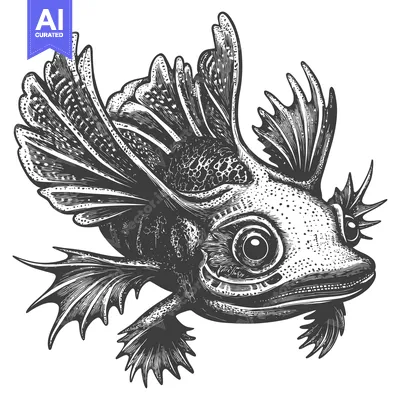 Detailed Black and White Illustration of a Flying Fish with Spiky Fins