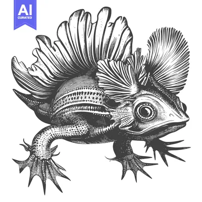 Hand-drawn illustration of a stylized fantastical amphibian creature w