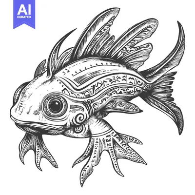 Intricate Detailed Black and White Ornamental Fish Illustration