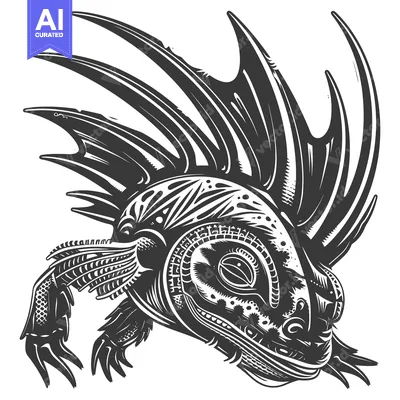 Detailed Monochrome Illustration of a Mythical Creature with Spikes an