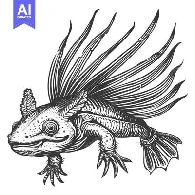 Black and White Illustration of a Mythical Creature with Fins and Claw
