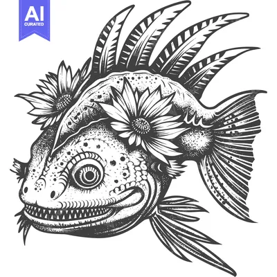 Aset premium populer: Black and White Illustration of a Fish with Flowers on Its Head