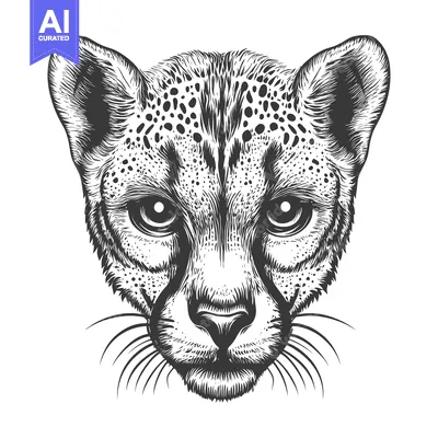 Aset desain premium: Black and White Illustration of a Cheetah's Head
