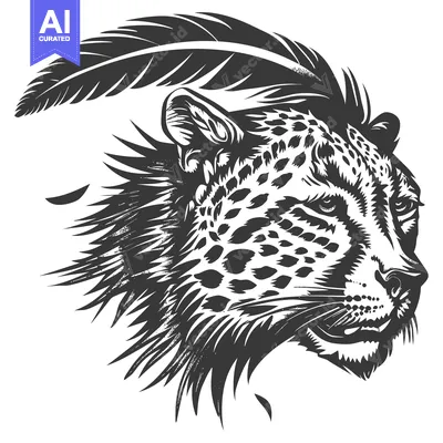Aset desain premium: Black and White Illustration of a Cheetah's Head with a Feather