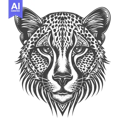 Detailed Black and White Illustration of a Cheetah's Head