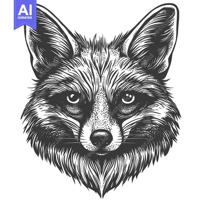 Premium design asset: A Detailed Black and White Line Drawing of a Fox's Head